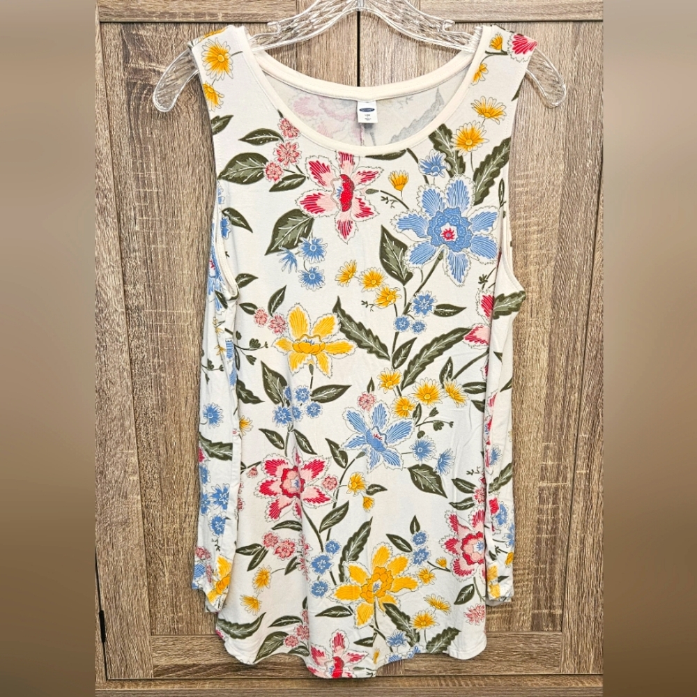 Old Navy Luxe Floral Tunic Tank Top - Blue Cream Pink Yellow Sz L